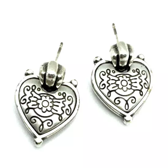 Brighton Flowers Etched Hearts Silver Dangle Retired Post Earrings