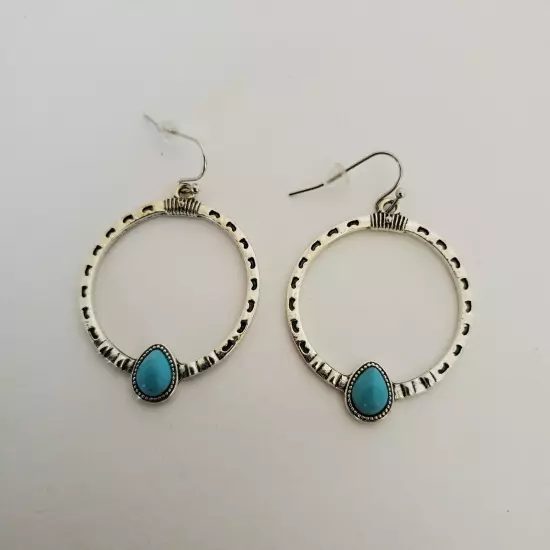 Boho Silver Round Circle Hoop Dangle Earrings with Turquoise for Women Western