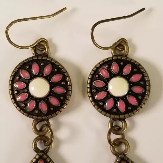 Enamel Dangle Drop Earrings Brass Tone Circle Teardrop French Wire Pink White