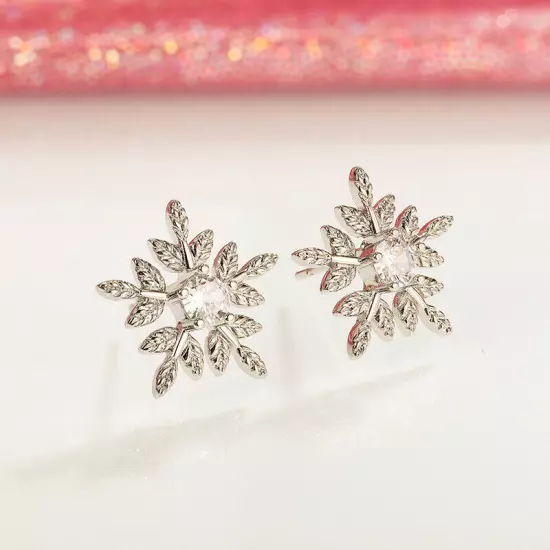 Women 925 Silver Filled Snowflake Stud Earring Cubic Zircon Wedding Jewelry