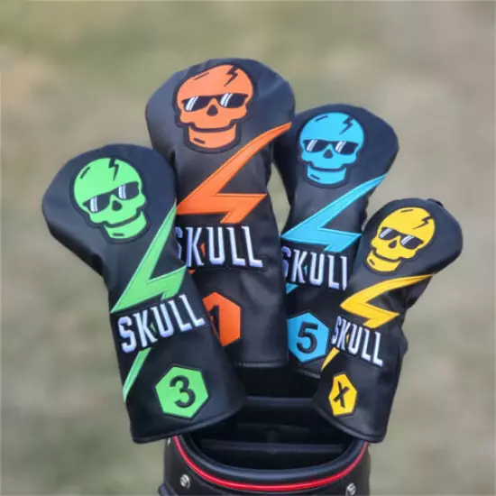 4pcs Black Cool Skull Golf Wood Headcovers Driver Fairway Wood Hybrid 135X Cover