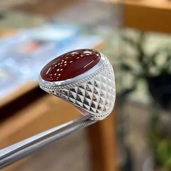 Blood Red Aqeeq Ring Sterling Silver Natural Mens Agate Ring Big Yemeni Aqeeq