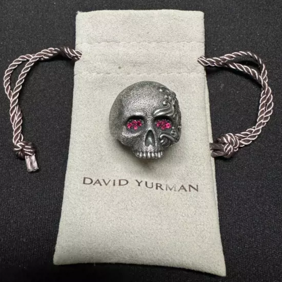 Men's David Yurman 925 Stirling Silver Waves Ruby Eyes Skull Ring Size 10