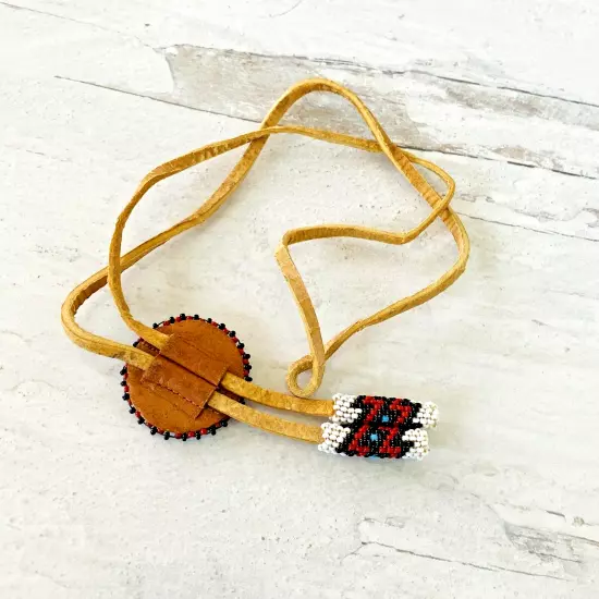 Vintage Deerskin Bolo Tie Southwestern Necklace Black Red White Peyote Stitch