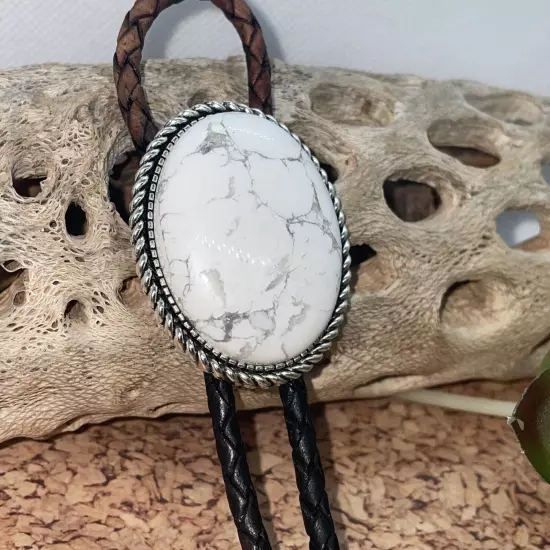 White Buffalo Turquosie Silver Western Leather Bolo Tie Lariat Necklace Wedding