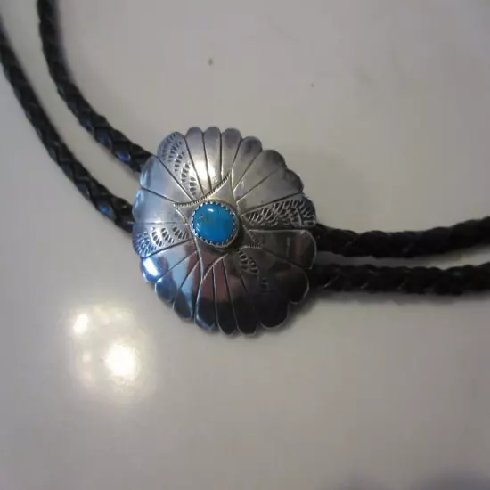 BEAUTIFUL VINTAGE STERLING SILVER/TURQUOISE BOLO TIE MARKED 'RSP'.