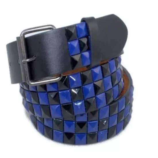 Mens Womens 3-Row Metal Pyramid Studded Leather Belt Checker Punk Rock Goth Emo