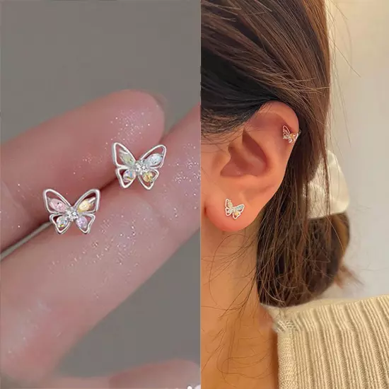 Silver Crystal Colourful Butterfly Stud Earrings Women Jewellerys 2022 Y9Y2