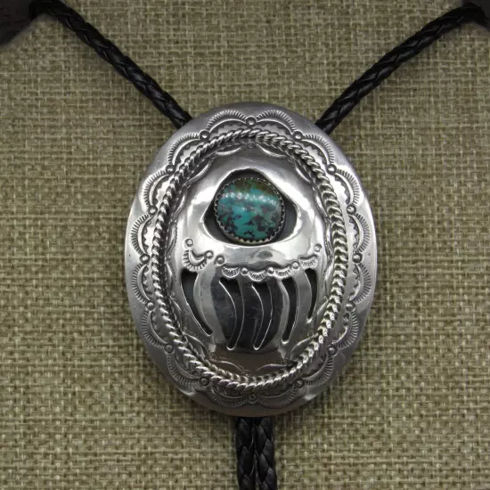 Navajo Shadow Box Bear Claw Sterling Silver Turquoise Bolo Tie By Wilbur Musket