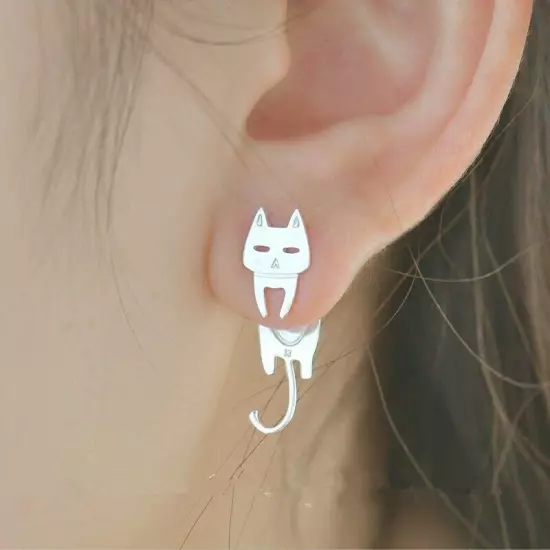 S925 Sterling Silver Stud Earrings Fashion Detachable Cat Fish Pin Studs Cute Co