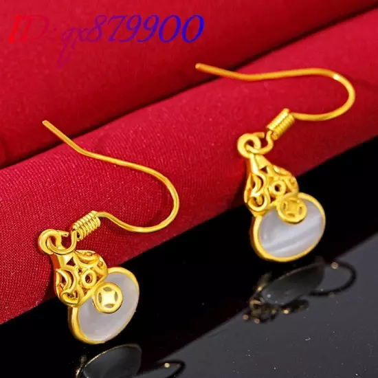 Natural Jade Gourd Earrings Real Jewelry 18K Gold Plated Talismans Amulet Charm