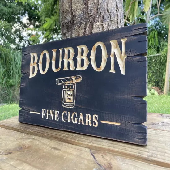 Cigar Bar Whiskey Bar Bourbon Saloon Wood Sign Carved Rustic Tavern Antique Look