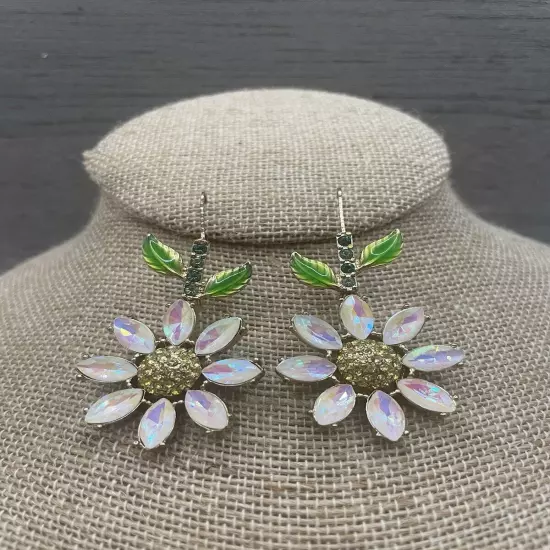 Betsey Johnson Daisy Flower with Green Leaves & Clear Crystal Earrings