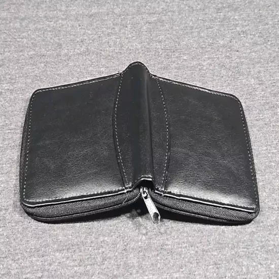 Black Leather Zip Around Wallet Unisex 8 Photo Capacity Coin Pouch Travel Money 