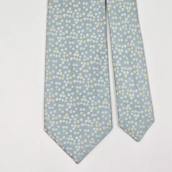 CELINE TIE Floral & Logo on Light Blue Woven Silk Necktie