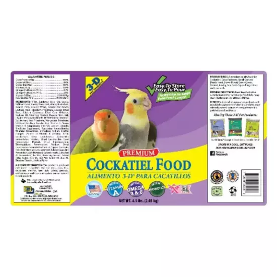 3-D Pet Products Premium Cockatiel Bird Food, Seeds, 4.5 Lb. Jar