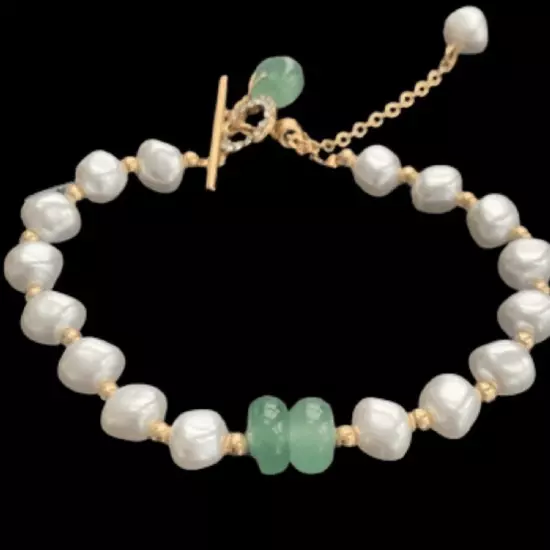 Mason & Madison Pearl Bracelet with Jade Charm Adjustable Crystals Handmade NEW