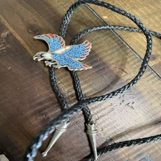 Vintage Southwestern Native American Eagle Turquoise Coral Chip Leather Bolo Tie