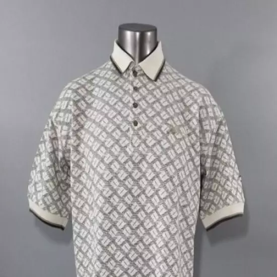 Reebox Vintage 1980s Polo Golf Shirt Cream Grey Geometric Print Mens Size Large