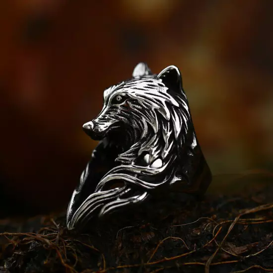 Vintage Loyal Wolf Watcher Ring Stainless Steel Viking Direwolf Biker Punk Ring