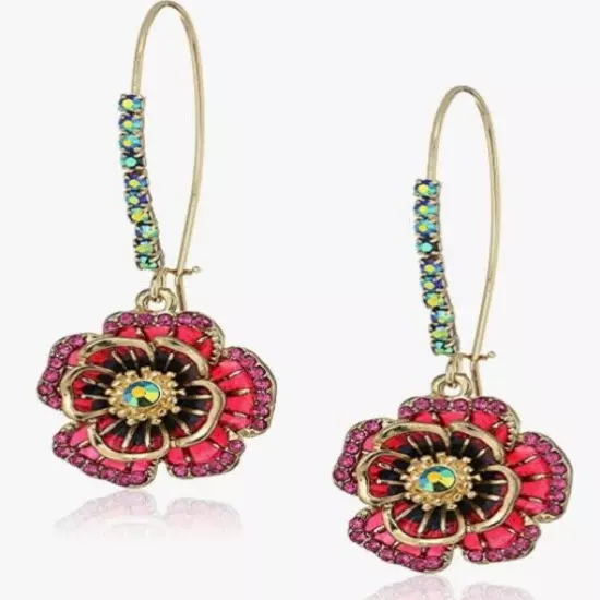 Betsey Johnson Dangle Earrings Red Floral Rose on Embellished Ear Wire NEW