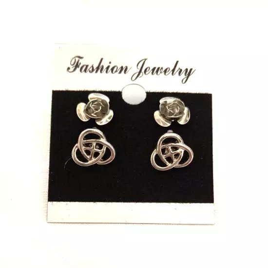 New Fashion Jewelry Women's 2 Pair Stud Earrings Silvertone Roses & Celtic Knots