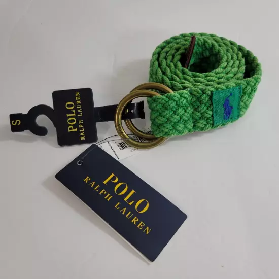 Polo Ralph Lauren Leather-Trim Canvas Belt Mens Small Green Double D Ring Braid