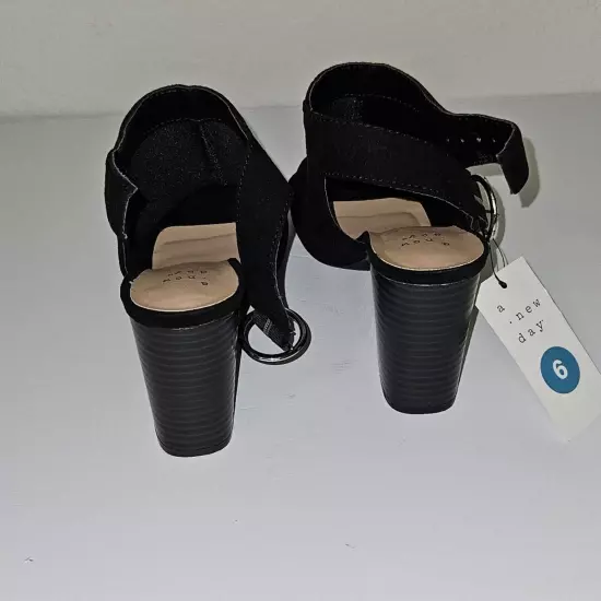 "A New Day" Chunky heel black suede sandal, Silver buckle on the ankle NWT