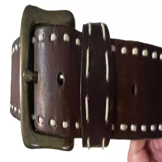 Brown Leather Belt Men’s Sz Medium 1.5 in Wide Western White Stitching Detail 