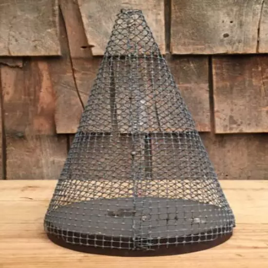 RARE Vintage Primitive Wire Mesh Screen Fly Catcher Trap With Wooden Base Decor