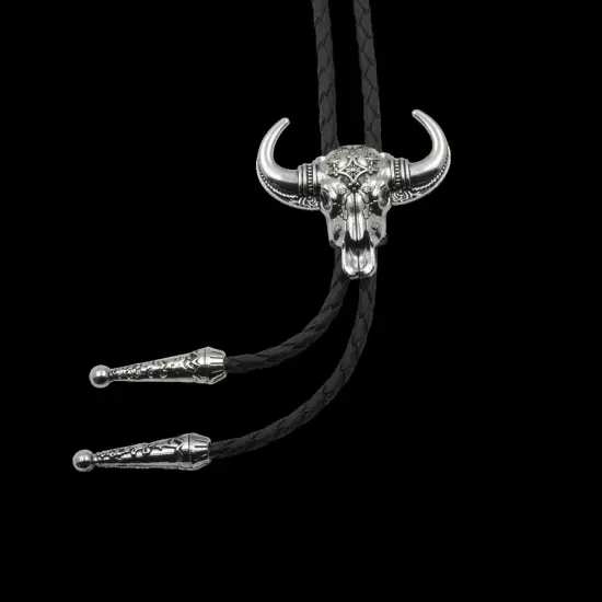 Vintage Men BOLO Tie Bull Head Pattern Wedding Necklace Alloy PU Western Cowboy