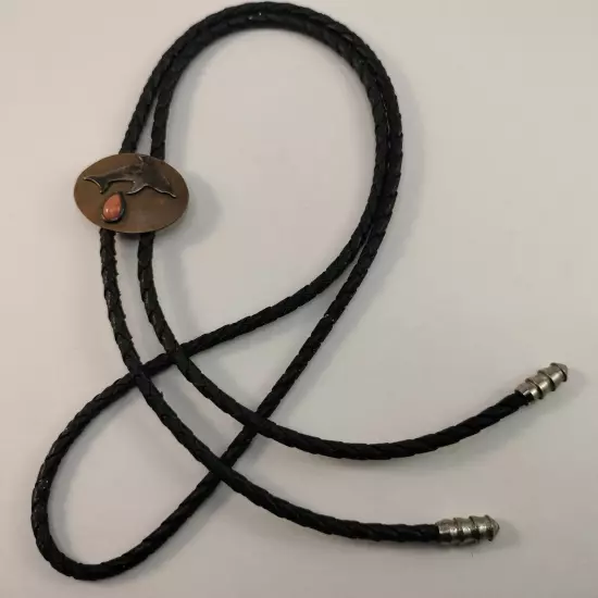 17" VTG Bolo TIE Copper Silver Dolphin Coral Black Leather Cord Lightweight 