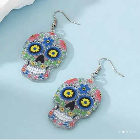 Chic Sugar Skull Dangle Earrings Halloween Day of the Dead Acrylic Boutique