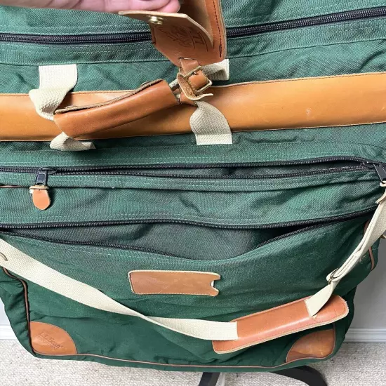 80s 90s LL BEAN Green Canvas Leather Folding Garment Carrying Bag Travel Vintage