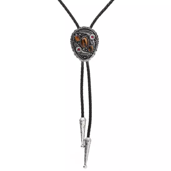 Flower Grass & Tiger-eye Stone BOLO Tie Necklace Wedding Western Native American