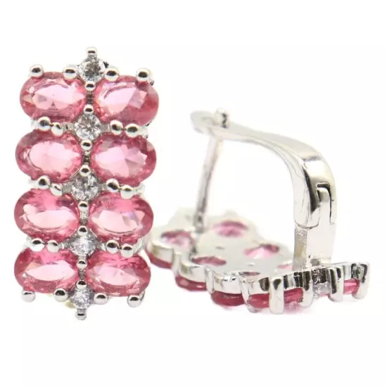 Beautiful Pink Tourmaline White CZ Engagement Silver Earrings 