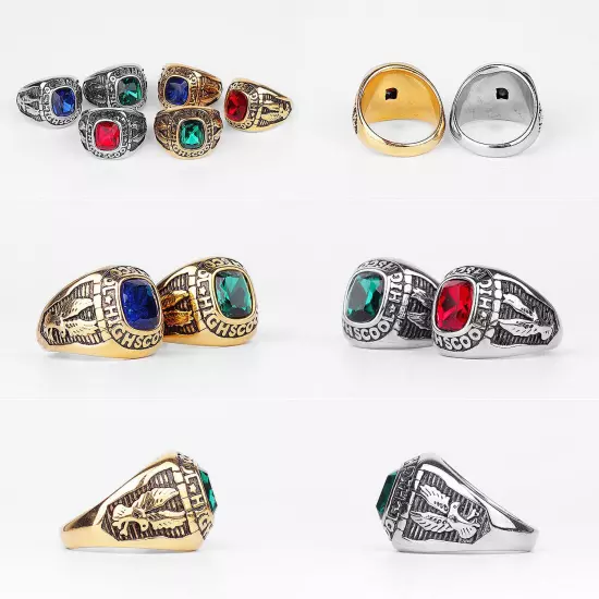 Stainless Steel Men Rings Rhinestone High School Eagle Punk Red Blue Green Stone