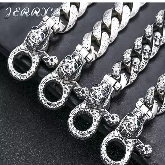 13MM Heavy Solid 925 Sterling Silver Cuban Link Skulls Pattern Bracelet Vintage