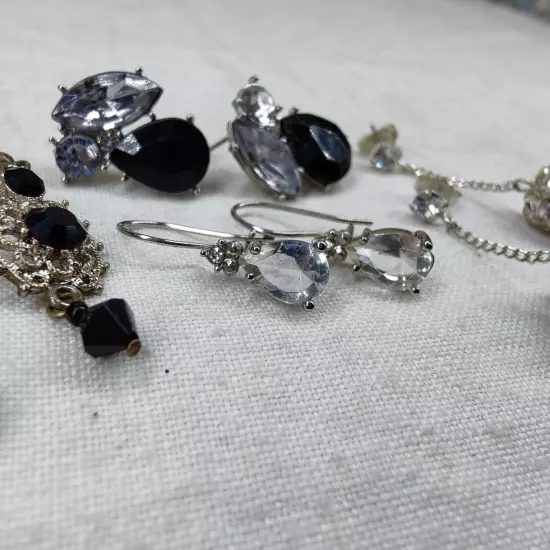 Lot Of 5 Vintage & Modern Costume Rhinestone Earrings Dangle Hoop Silver Tone