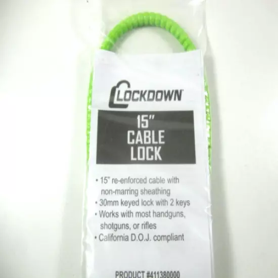 LOCKDOWN 15 Inch Cable Gun Lock green with 2 Keys New In Package kid safe child