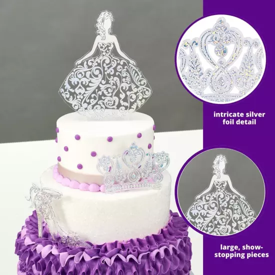 Quinceanera Cake Topper, Glitter Cake Topper, Silver Cake Decoration, 3 Piece...