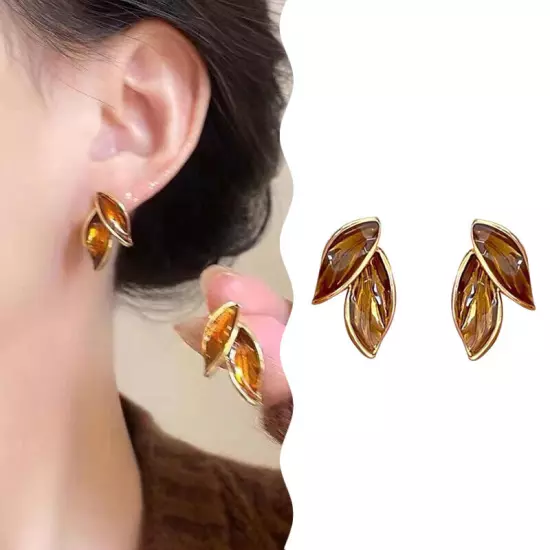 Vintage Enamel Brown Fallen Leaves Stud Earrings For Women Girls Fashion Korean