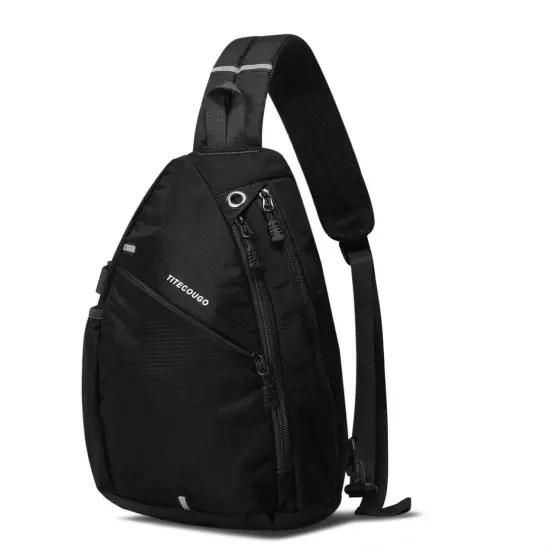 Black Sports Men 1 Sling Backpack Breathable Lightweight Chest Bag Leather Sh...