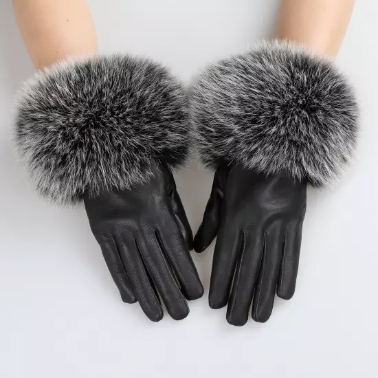 Women Genuine Lambskin Leather Gloves With Real Fox Fur Trim Cuff Winter Warm