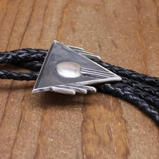 Sterling Silver Triangle Bolo Tie with a Disc and Silver Vertical Lines