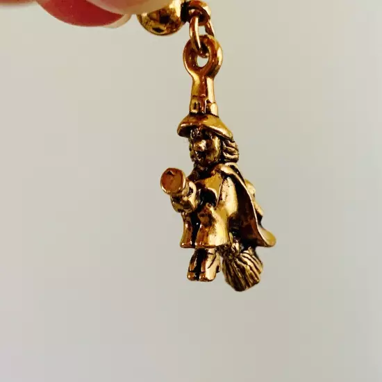 Flying Halloween Witch on Broomstick Dangle Earrings, Antique Gold Tone, Pierced