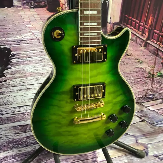 Green Les Paul 6-string electric guitar Flame maple top mahogany body in stock