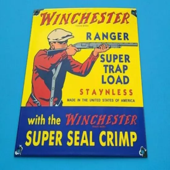 VINTAGE WINCHESTER PORCELAIN LEADER SUPER TRAP LOAD AMMO SHOT GUN RANGER SIGN