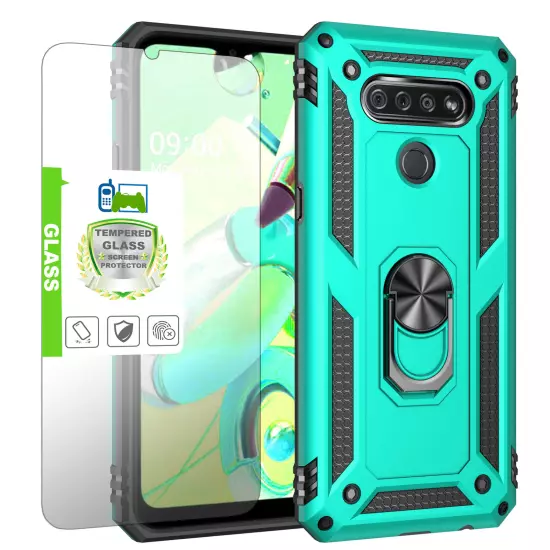 For LG K51 Q51 Reflect Case Shockproof Ring Stand Phone Cover w/ Tempered Glass