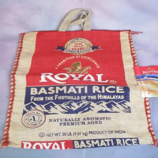 Royal Basmati Rice Bag 20lbs Burlap Handles Zipper Heavy Duty 25th Anniv NO RICE